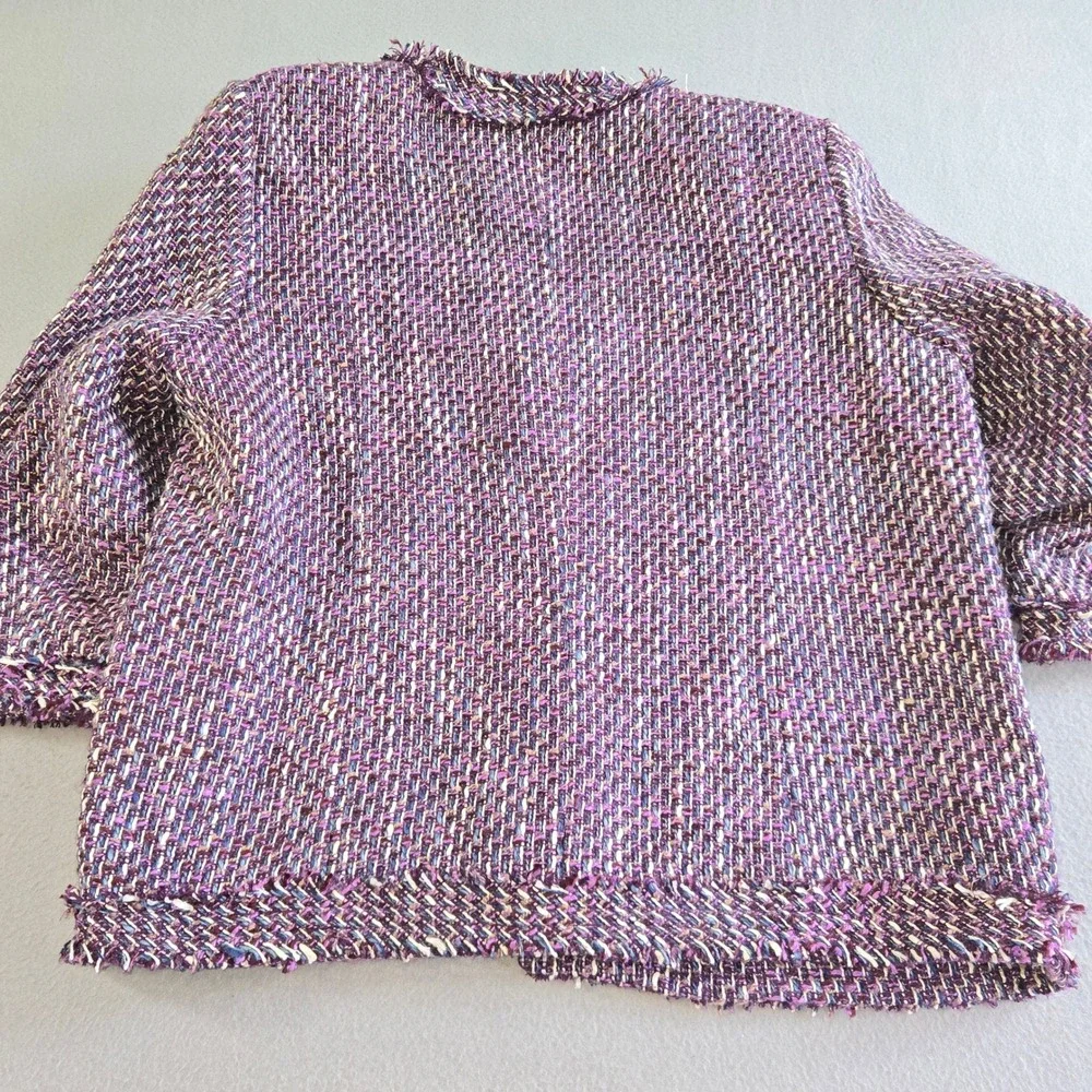 Alfred Dunner Tweed Jacket Womens 14 Purple Multi Fringe Open Front Woven Blazer